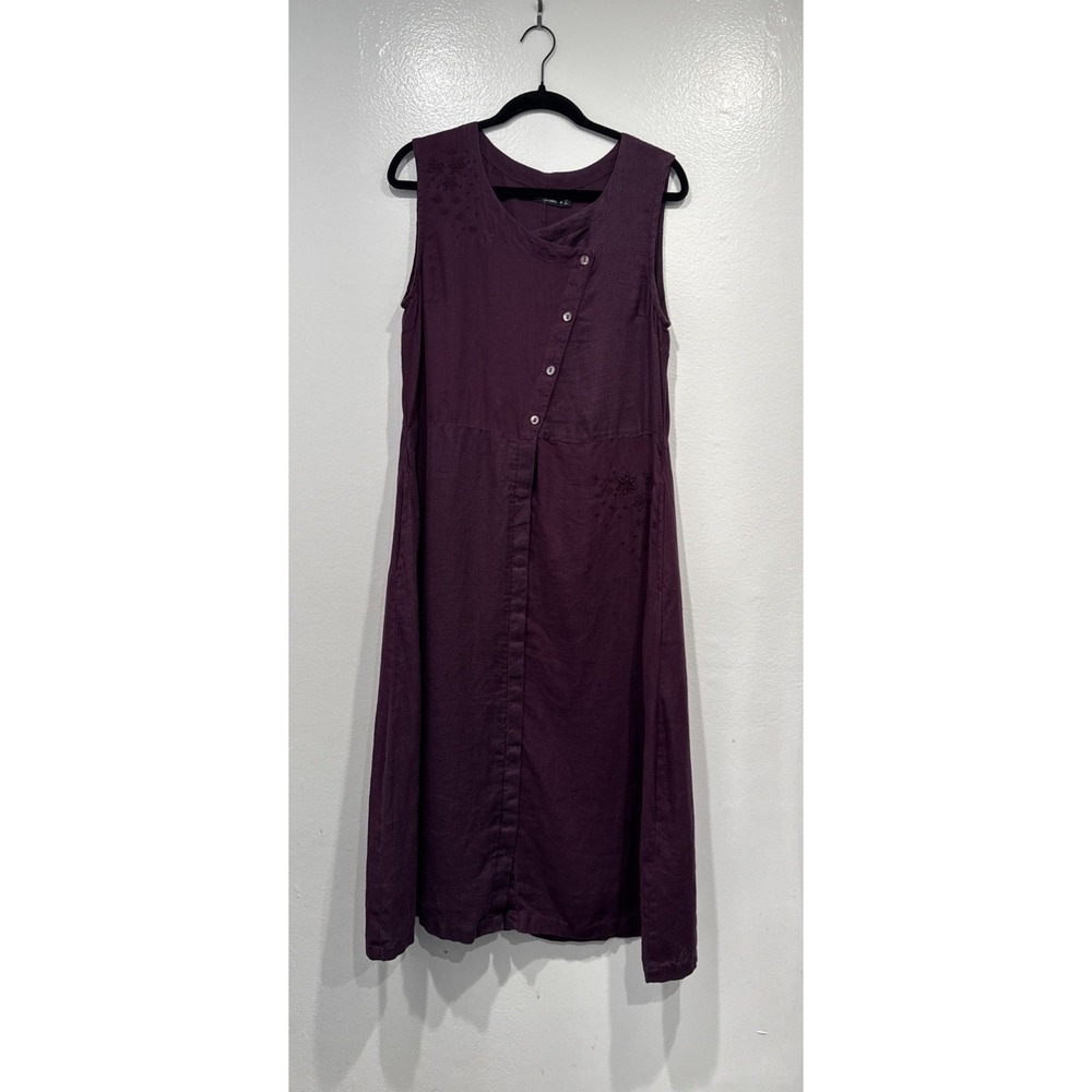 Gudrun Sjoden Purple Linen Midi Dress Button Up Embroidered Sleeveless Cottage M